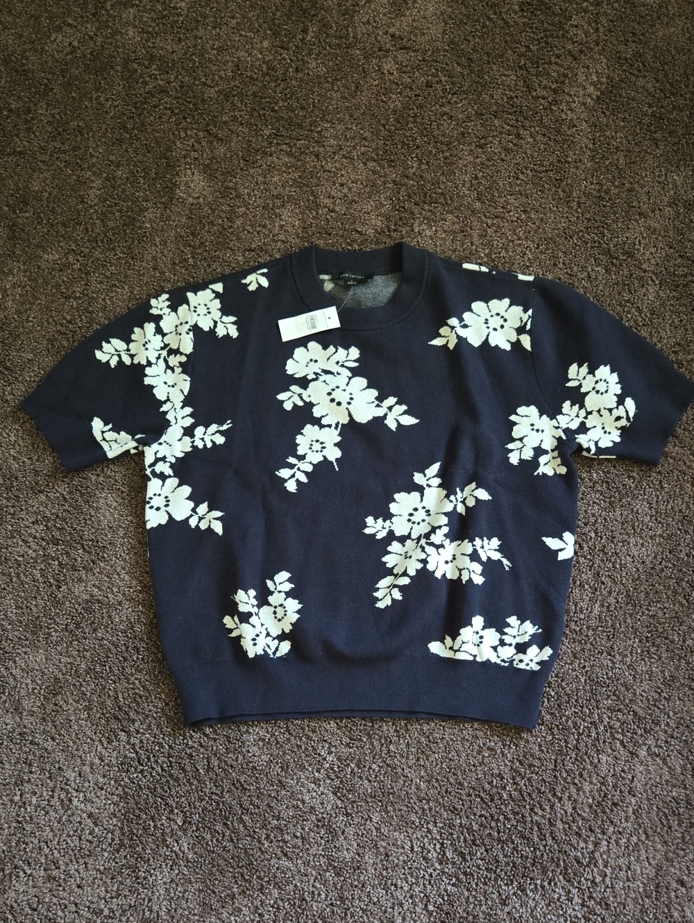 NEW Ann Taylor Navy Blue White Floral Sweater L